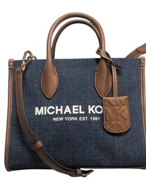 New MICHAEL KORS Mirella Small Denim brown trim Crossbody Bag tote